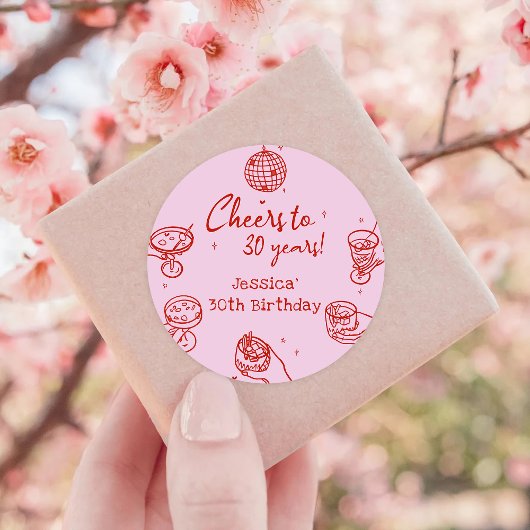 Rosa Retro Hand gezeichnet Funky Cocktail Geburtst Runder Aufkleber