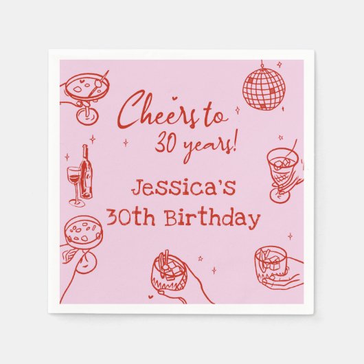 Rosa Retro Hand gezeichnet Funky Cocktail Geburtst Serviette (Vorderseite)