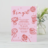 Rosa Retro Handgezogene Kinderdusche Einladung (Stehend Vorderseite)