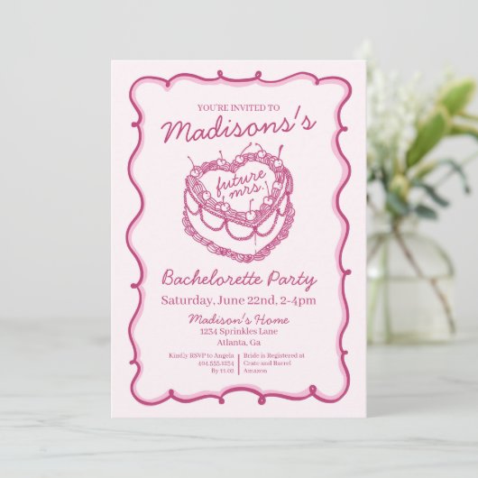 Rosa Retro Herz Coquette Cherry Cake Bachelorette Einladung (Stehend Vorderseite)