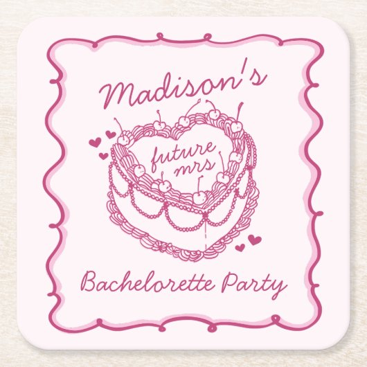 Rosa Retro Herz Coquette Cherry Cake Bachelorette Rechteckiger Pappuntersetzer (Vorderseite)