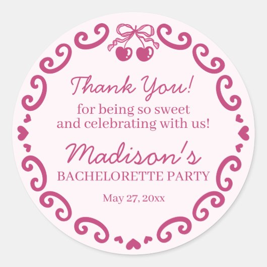 Rosa Retro Herz Coquette Cherry Cake Bachelorette Runder Aufkleber (Vorderseite)
