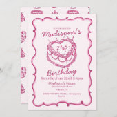 Rosa Retro Herz Coquette Cherry Cake Birthday Einladung (Vorne/Hinten)