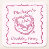 Rosa Retro Herz Coquette Cherry Cake Birthday Rechteckiger Pappuntersetzer (Vorderseite)