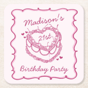 Rosa Retro Herz Coquette Cherry Cake Birthday Rechteckiger Pappuntersetzer