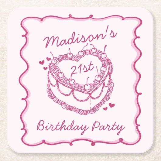 Rosa Retro Herz Coquette Cherry Cake Birthday Rechteckiger Pappuntersetzer (Vorderseite)