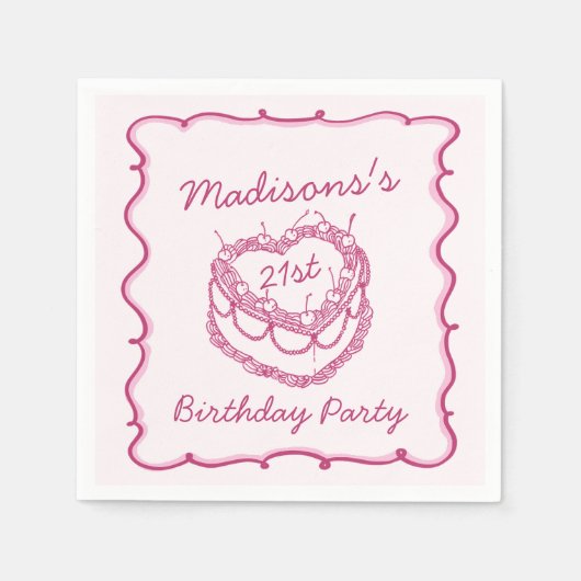 Rosa Retro Herz Coquette Cherry Cake Birthday Serviette (Vorderseite)