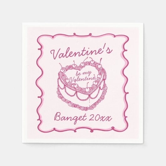 Rosa Retro Herz Coquette Cherry Cake Serviette (Vorderseite)