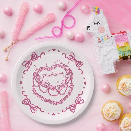 Rosa Retro Herz Coquette Cherry Personalisierter K Pappteller (Party)