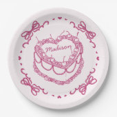 Rosa Retro Herz Coquette Cherry Personalisierter K Pappteller (Vorderseite)