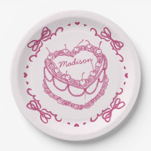 Rosa Retro Herz Coquette Kirschkuchen Personalisie Pappteller