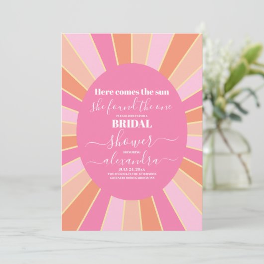 Rosa Retro Hier kommt das Sun Brautparty Einladung (Stehend Vorderseite)