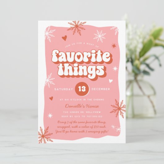 Rosa Retro Holiday Favorite Things Party Einladung (Stehend Vorderseite)