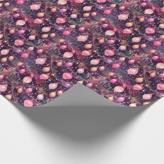 Rosa Retro Holiday Lights & Christmas Tree Muster Geschenkpapier (Ecke)