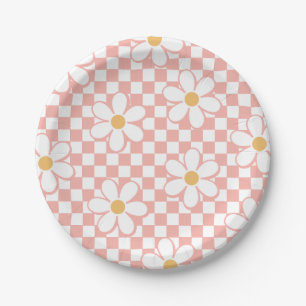 Rosa Retro-Karo-Daisy-Geburtstagspapierteller Pappteller
