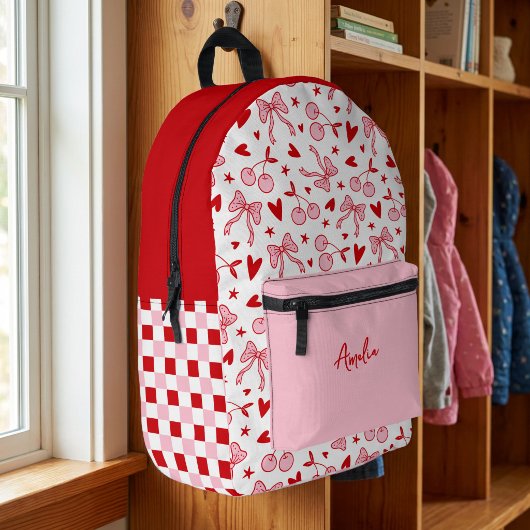 Rosa Retro Kirsche & Schleifen Schachbrett mit Nam Bedruckter Rucksack