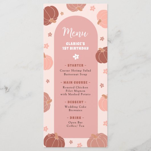 Rosa Retro-Kürbis-Boho-Erstgeburtstagsmenü Menükarte (Vorderseite)
