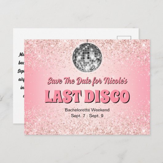 Rosa Retro Letzte Disco Bacheloretto Save the Date Postkarte (Vorne/Hinten)