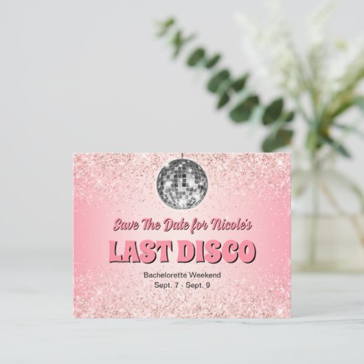 Rosa Retro Letzte Disco Bacheloretto Save the Date Postkarte (Stehend Vorderseite)
