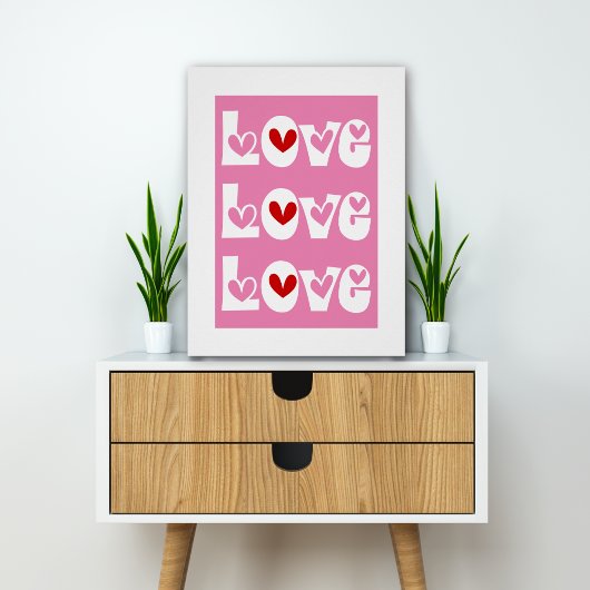 Rosa Retro-LIEBE-Typografie mit roten Herzen Poster