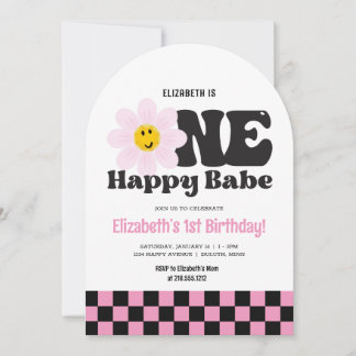 Rosa Retro One Happy Babe 1. Geburtstag Einladung
