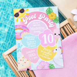 Rosa Retro Pool Party Geburtstag Einladung