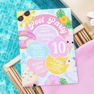 Rosa Retro Pool Party Geburtstag Einladung