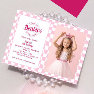 Rosa Retro-Puppen-Foto-Geburtstag Einladung