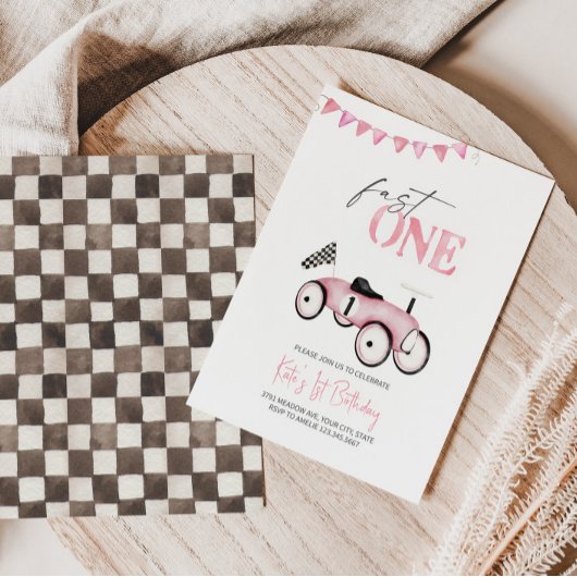 Rosa Retro Race Auto Race On Birthday Einladung