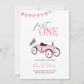 Rosa Retro Race Auto Race On Birthday Einladung (Vorderseite)