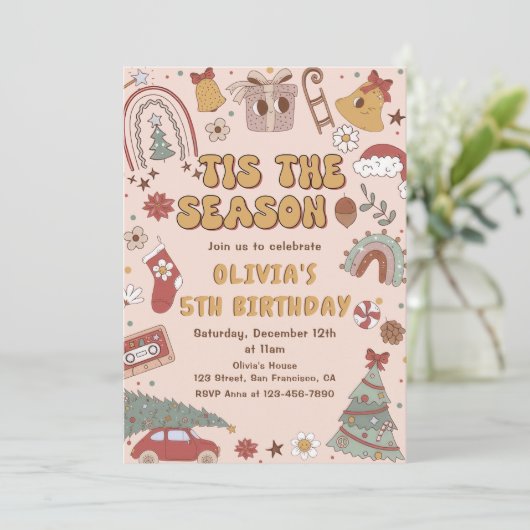 Rosa Retro Rainbow Weihnachtsbaum Geburtstag Einladung (Stehend Vorderseite)