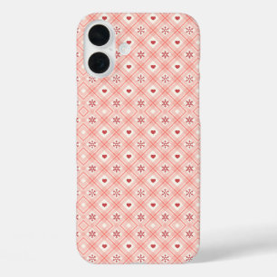 Rosa Retro-Schneeflocken und Herzmuster iPhone 16 Plus Hülle