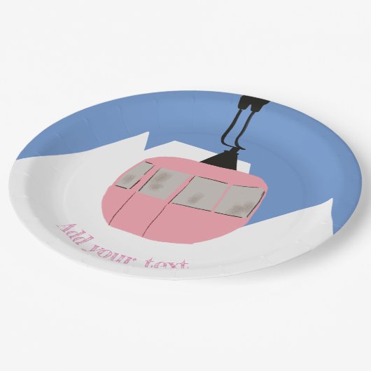 Rosa Retro Skilift Skipass Berg Pappteller (Schrägansicht)