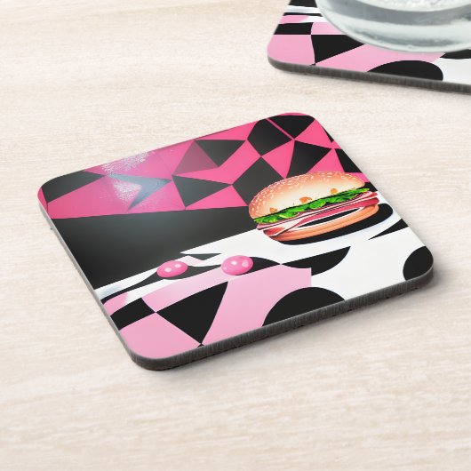 Rosa Retro Style Hamburger Getränkeuntersetzer (Linke Seite)