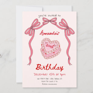 Rosa Retro-Torte und Schleife Coquette Geburtstag Einladung