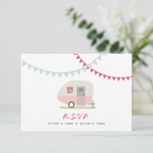 Rosa Retro Trailer & Bunting RSVP (Stehend Vorderseite)