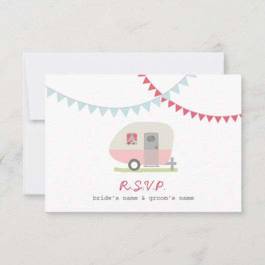 Rosa Retro Trailer & Bunting RSVP Karte (Vorderseite)