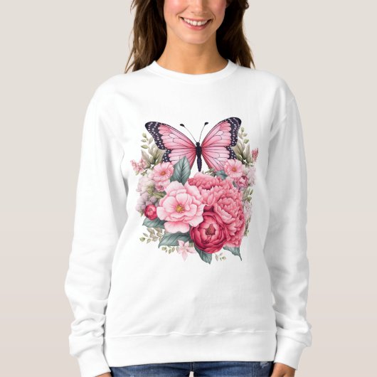 Rosa Retro Wasserfarbenfrohe Schmetterlinge & Blum Sweatshirt (Vorderseite)