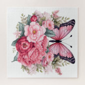 Rosa Retro Wasserfarbenschmetterling und Blume Puzzle (Horizontal)