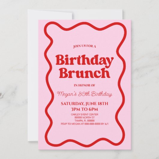 Rosa Retro Wavy Border Birthday Brunch Party Einladung (Vorderseite)