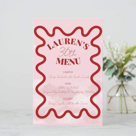 Rosa Retro Wavy Budget Dinner Party Menu (Stehend Vorderseite)