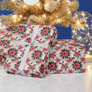 Rosa Retro-Weihnachten Floral Kariert Frohe Weihna Geschenkpapier
