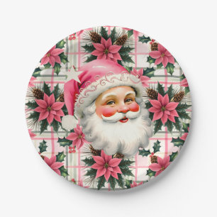 Rosa Retro Weihnachtsmann Weihnachten Floral Karie Pappteller