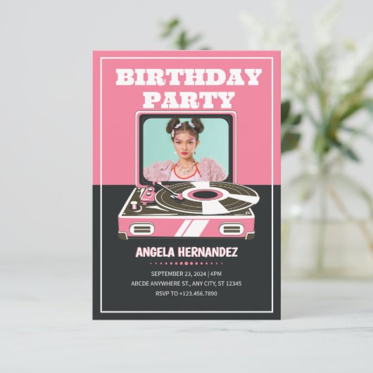 Rosa Retromusik Einladung (Stehend Vorderseite)