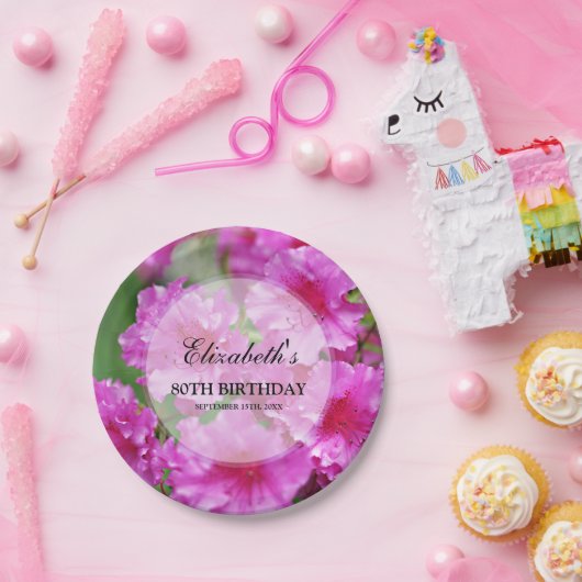 Rosa Rhododendron-Blumen-80. Geburtstag Pappteller (Party)