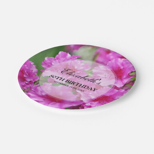 Rosa Rhododendron-Blumen-80. Geburtstag Pappteller (Schrägansicht)