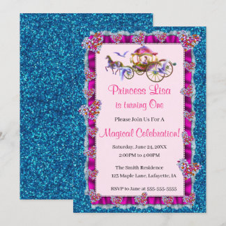 Rosa Ribbon Blue Glitzer Royal Princess Birthday Einladung