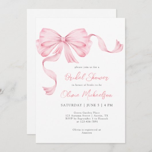 Rosa Ribbon Bow Coquette Minimalistisches Brautpar Einladung (Vorne/Hinten)