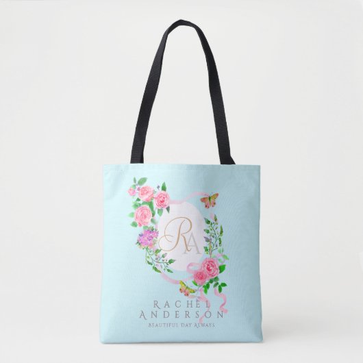 Rosa Ribbon Chic Monogram Blue Tasche (Vorderseite)