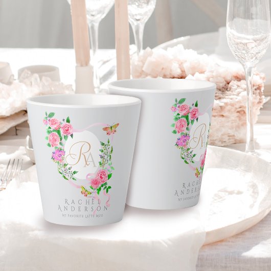 Rosa Ribbon Chic Monogram Gray Latte Tasse